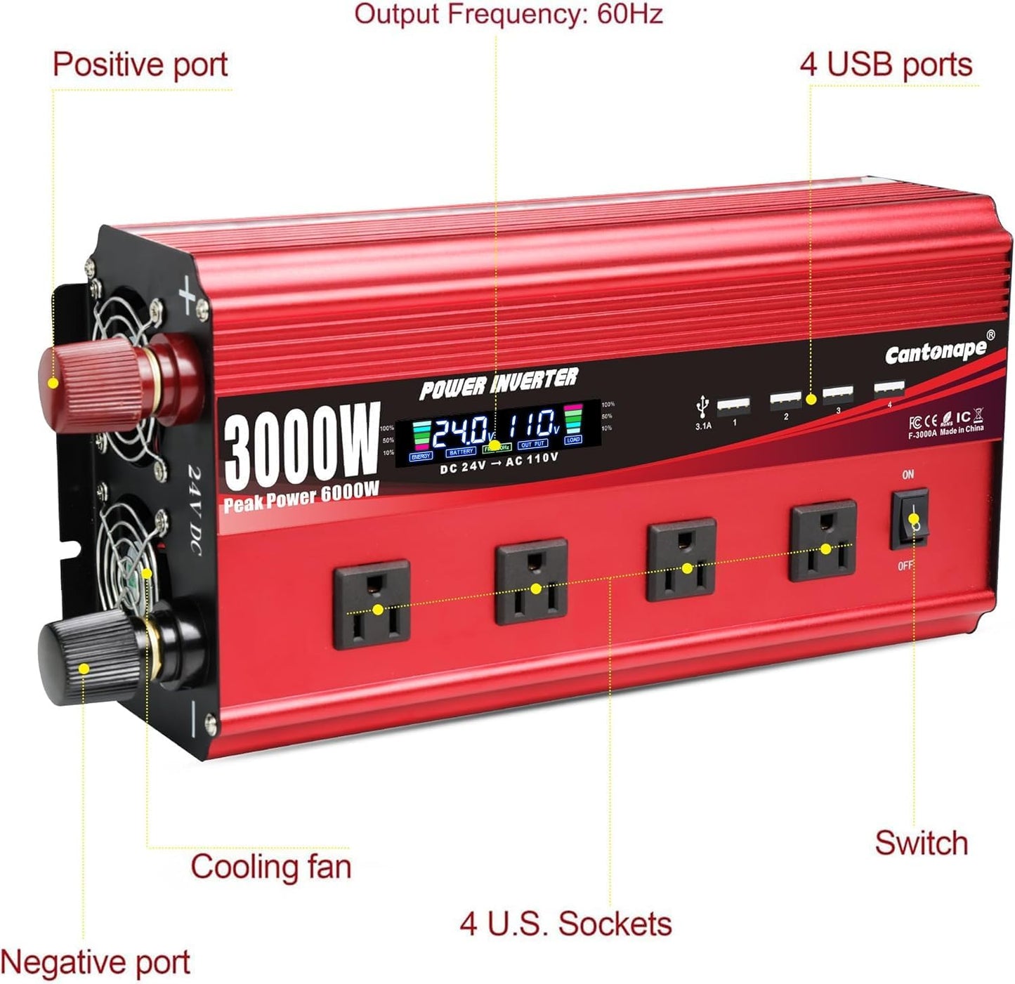 3000W Power Inverter 24V to 110V/120V DC to AC with LCD Display, Remote Controller 4 x AC Outlets and 4 x 3.1A USB Car Adapter for Car Truck Boat RV Solar System