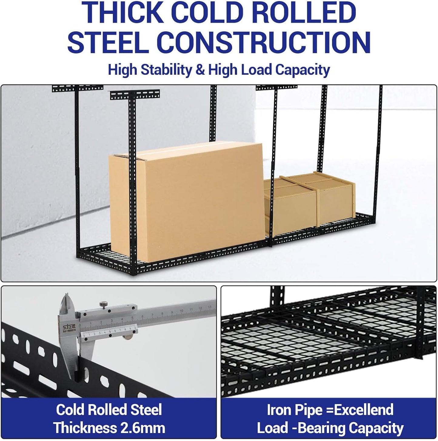 Overhead Garage Storage Rack, Heavy Duty Ceiling Storage Racks for Garage, Adjustable Height, 660LBS Weight Loading,2x8 FT Hanging Organizer Shelving for Warehouse Basement, Black