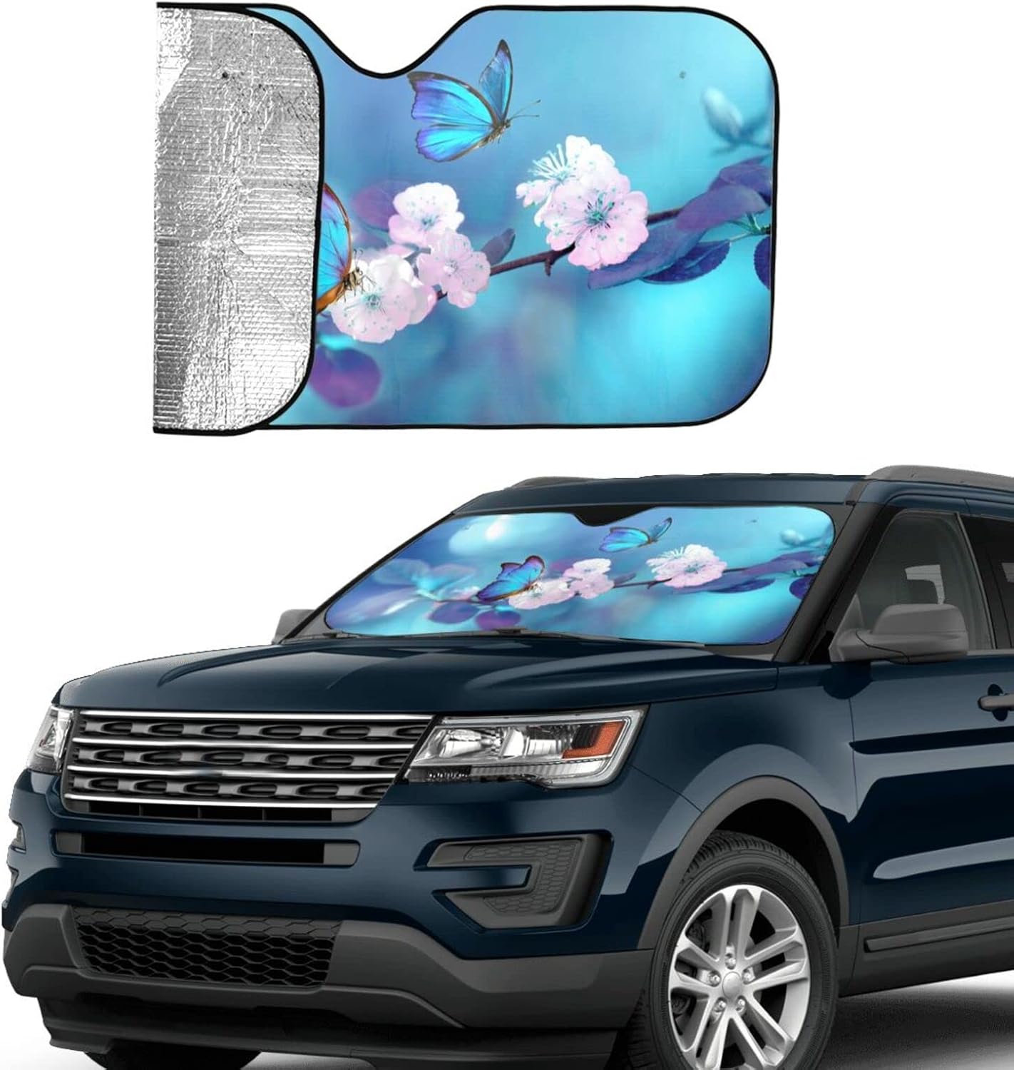 Blue Butterfly Flower Car Windshield Sunshade Front Window Sun Visor Protector Foldable Shield Cover for Truck SUV