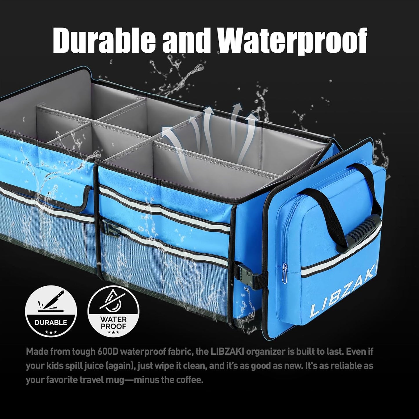 LIBZAKI Oversize 4 in 1 Car Trunk Storage Organizer, Multi Compartment Collapsible Trunk Storage Box with Cooler Bag for Car Truck SUV-Light Blue