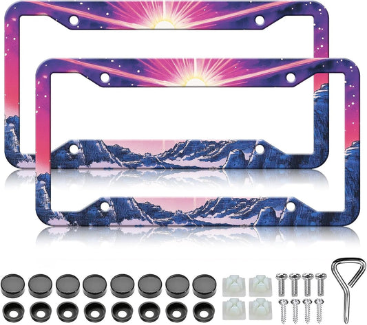 Sunset Mountain Anime License Plate Frames - 2 Pack Magic Colorful Stainless Steel License Plate Holder,Rust-Proof Waterproof Car Decorative Tag Frame with Screws Fasteners Caps