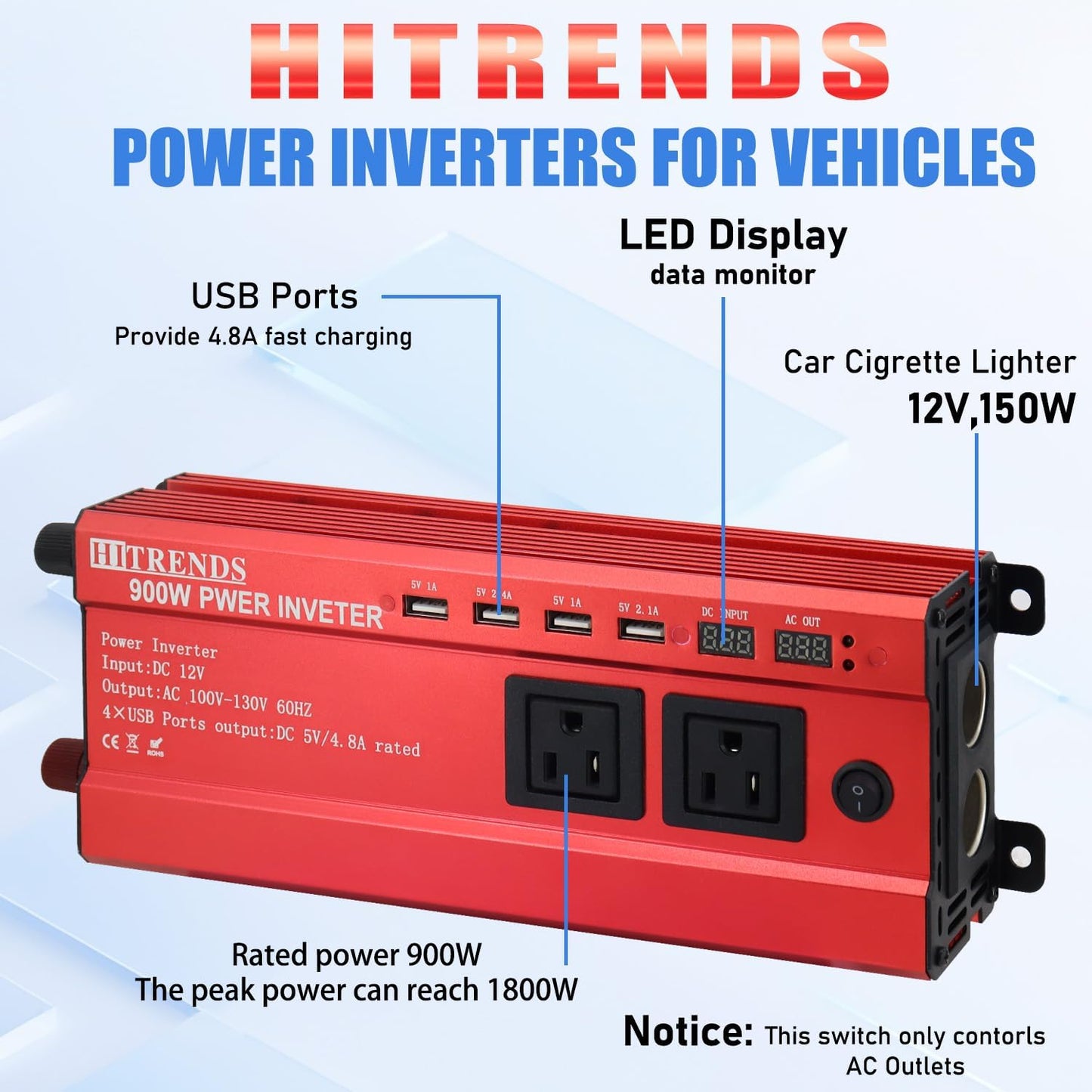 HITRENDS 900W Car Power Inverter 12V to 110V, DC to AC Converter with 4 USB Ports (24W Quick Charge) & 2 AC Outlets, for Camping, RV, Laptop, CE, FCC and ROHS Certified