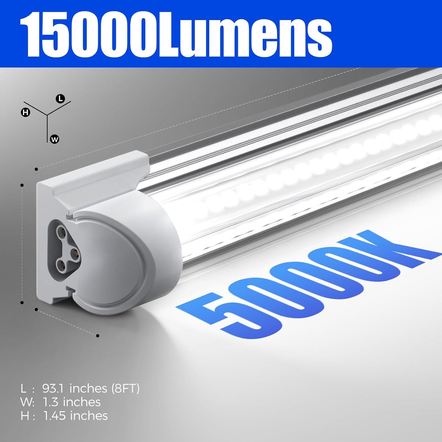 Barrina 8FT LED Shop Light, 100W 15000LM 5000K, Clear Cover Linkable LED Tube Lights, V Shape Integrated T8 Lighting, Ceiling Lights for Garage, Warehouse, Workshop, ETL Listed,10 Pack