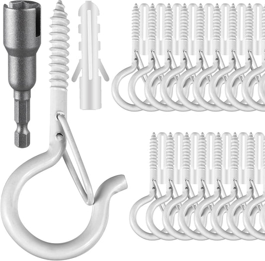 24 PCS Q-Hanger Hooks, Screw Hooks for Outdoor String Lights, Safety Buckle Design Cup Eye Hook for Hanging Christmas Lights, Plants, Mounted on Wall Ceiling, Include 1 Wing Nut Driver, White