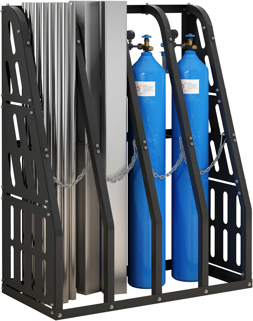 1500LBS Vertical Bar Rack Standing Storage Rack, 47" W x 24" D x 60" H Steel Vertical Long Parts Storage Rack with Galvanized Chains & 2 Side Pegboards, 4 Bays Lumber Storage Rack for Garage Storage