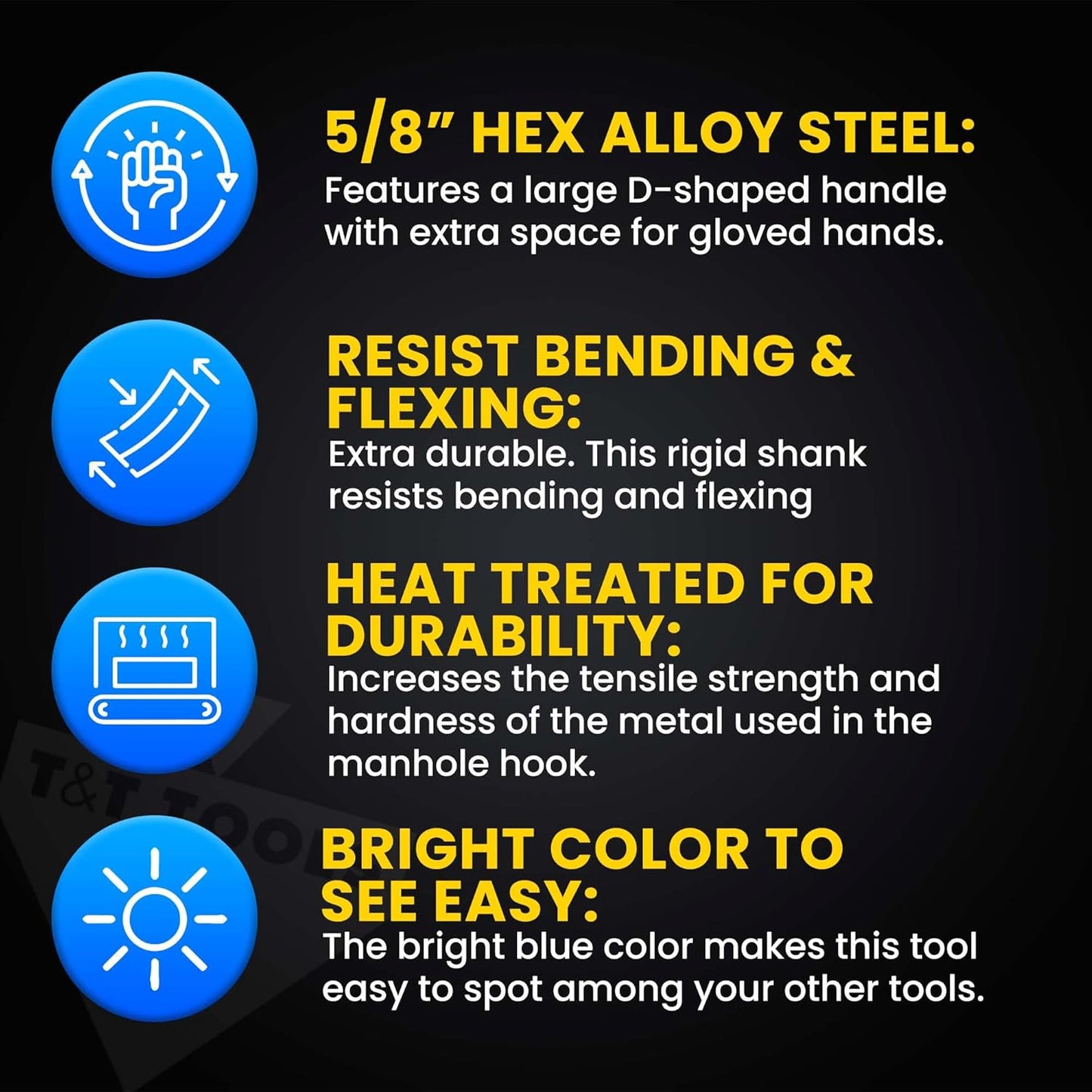 T&T Tools 24-Inch Manhole Hook - Heavy Duty Single Hook for Lifting Manhole Covers, Storm Drains, Septic Tank Risers - Rigid Hex Alloy Steel for Lifting, Pulling, and Removing Covers - 6 Pack