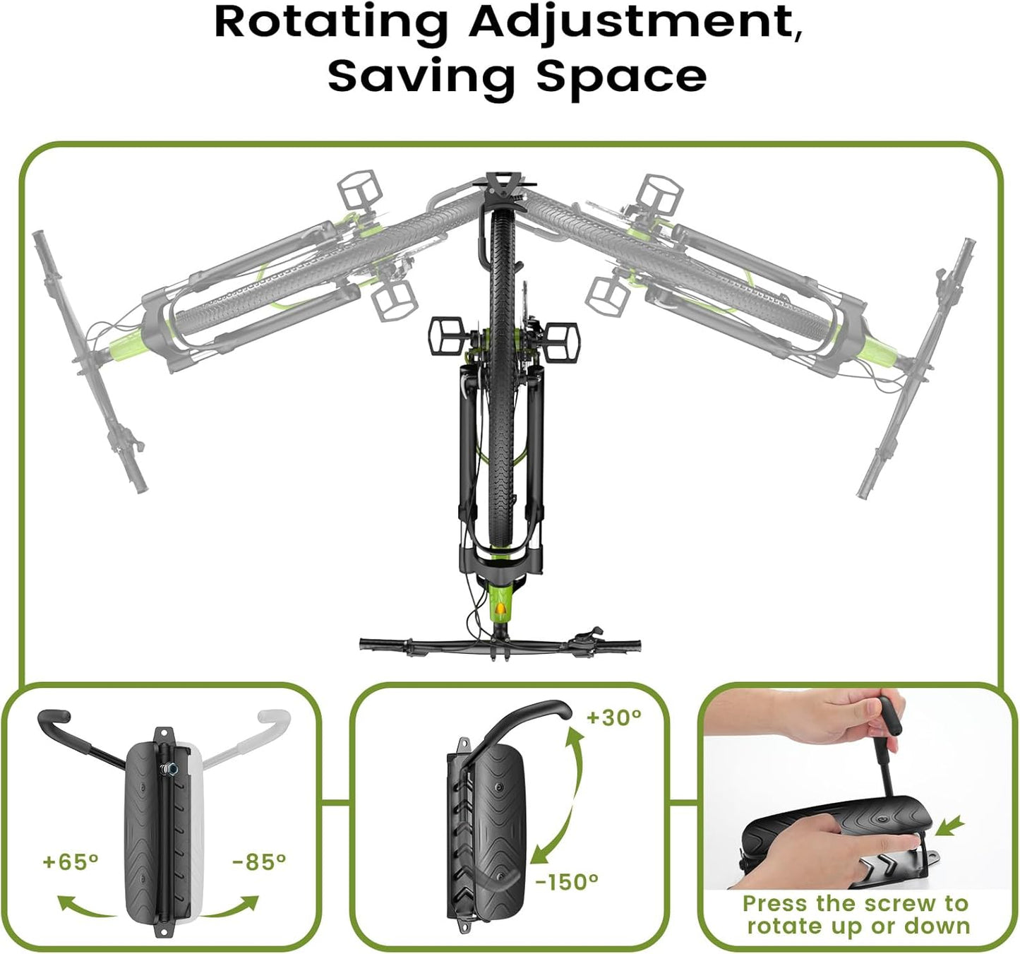 Swivel Bike Wall Mount [2 Pack], 150° Swivel Vertical Bike Rack Wall Hanger Holds up to 66lbs for Mountain/Road/Hybrid Bikes, Bike Hangers, Bicycle Storage Rack for Garage