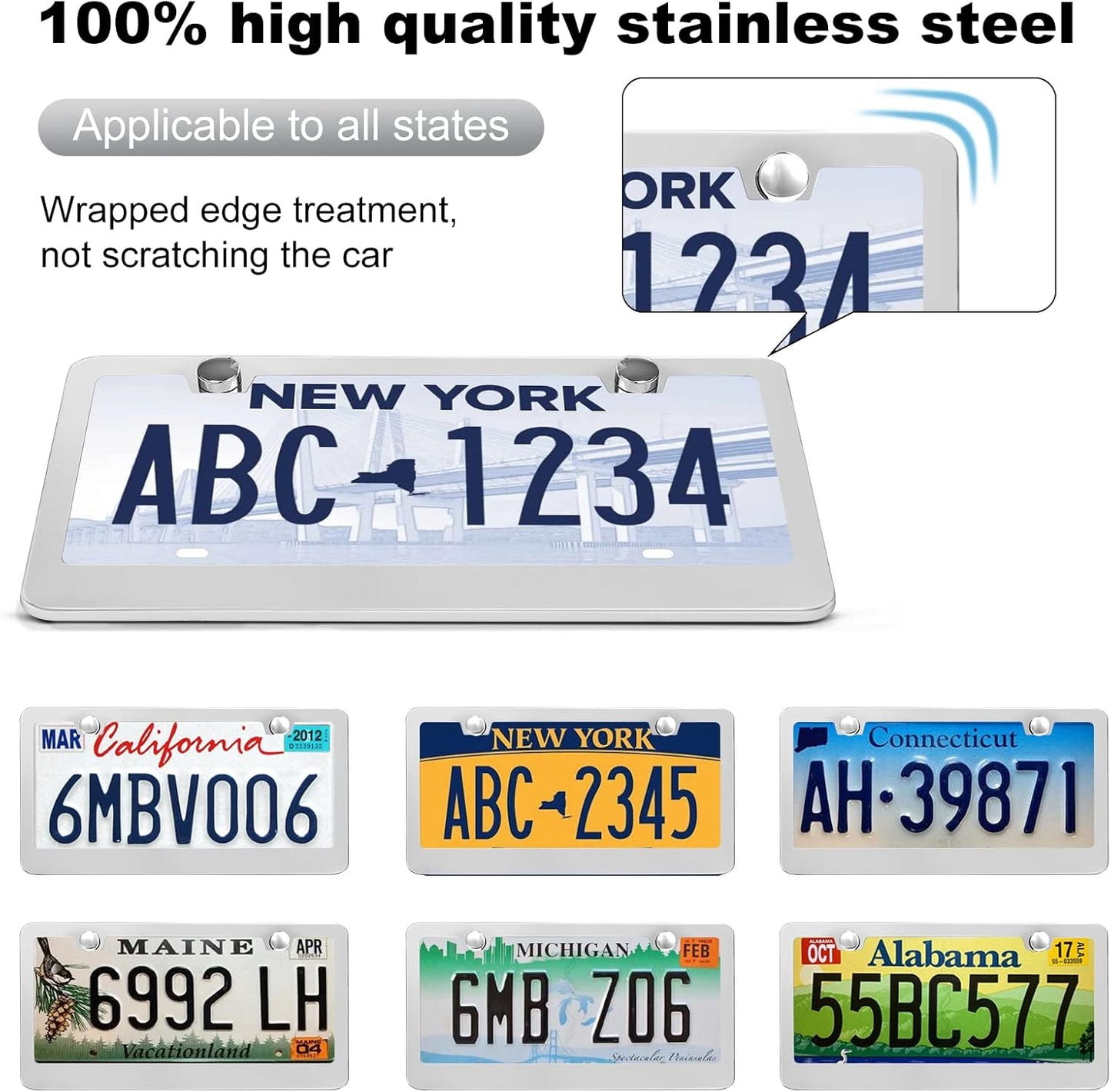 2 Pack License Plate Frames, Stainless Steel Car License Plate Cover Car Accessories with Screw Caps (Silver)