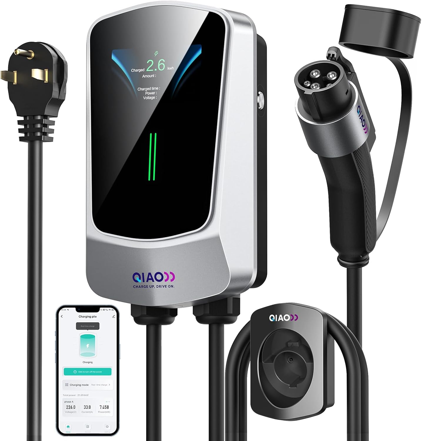 QIAO Level 2 EV Charger, Up to 40A Electric Car Charger, Wi-Fi Bluetooth APP Enabled EVSE, 4.3in Display, 25ft Cable, NEMA 6-50 Plug Charge Station Compatible with All SAE J1772 EV Models White