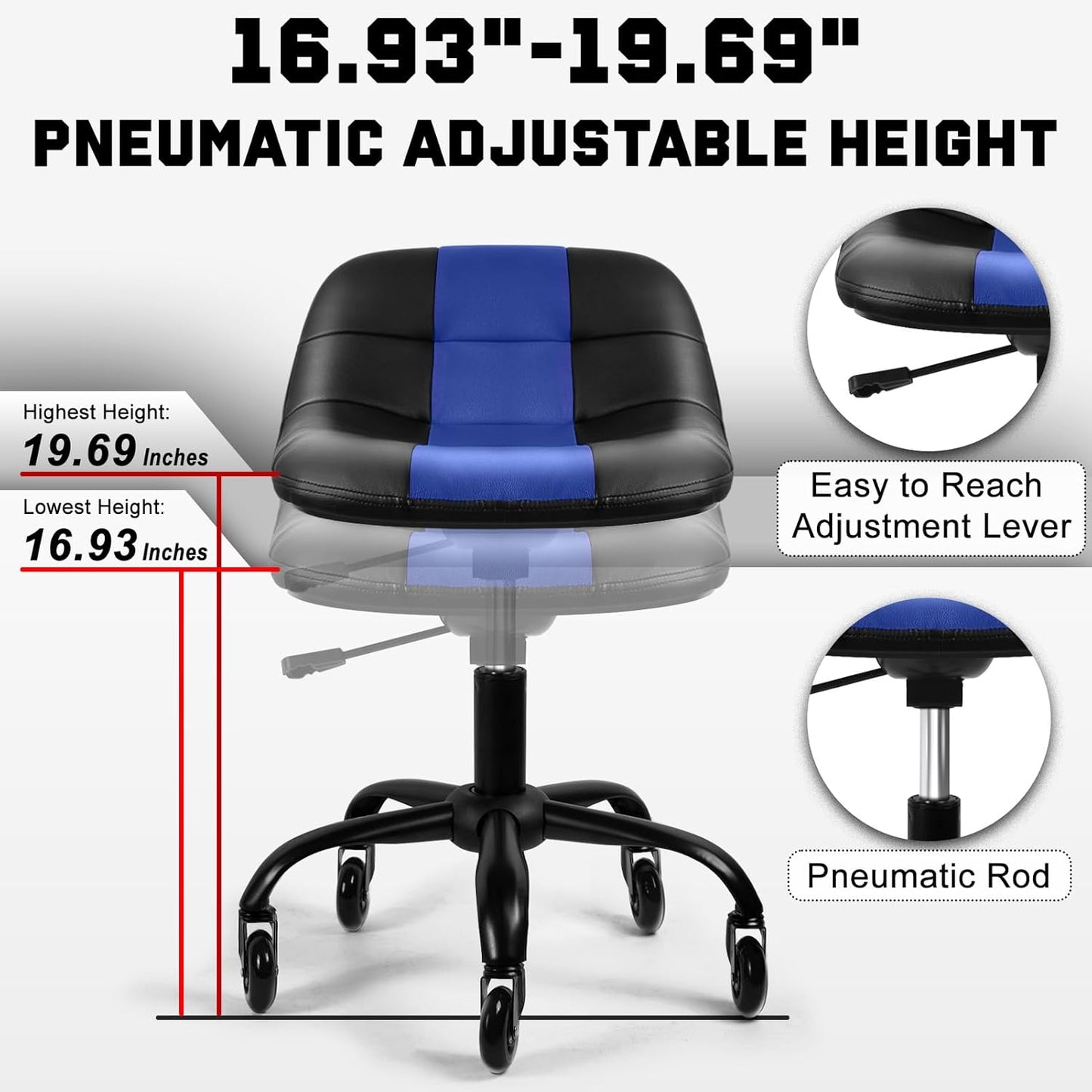 Rolling Stool with Wheels, Garage Shop Stool with Backrest, Roller Seat with Pneumatic Adjustable Height 16.93"-19.69", Heavy Duty Multi-Purpose Chair for Shop Salon Office Home, Blue