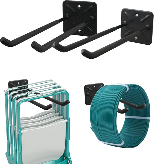 Folding Chair Rack, Heavy Duty Garage Wall Mount Organizer and Holder, Multi-Use Storage Hooks for Chairs, Ladders, Garden and Yard Tools, Durable Metal Utility Hangers (2 Pack)