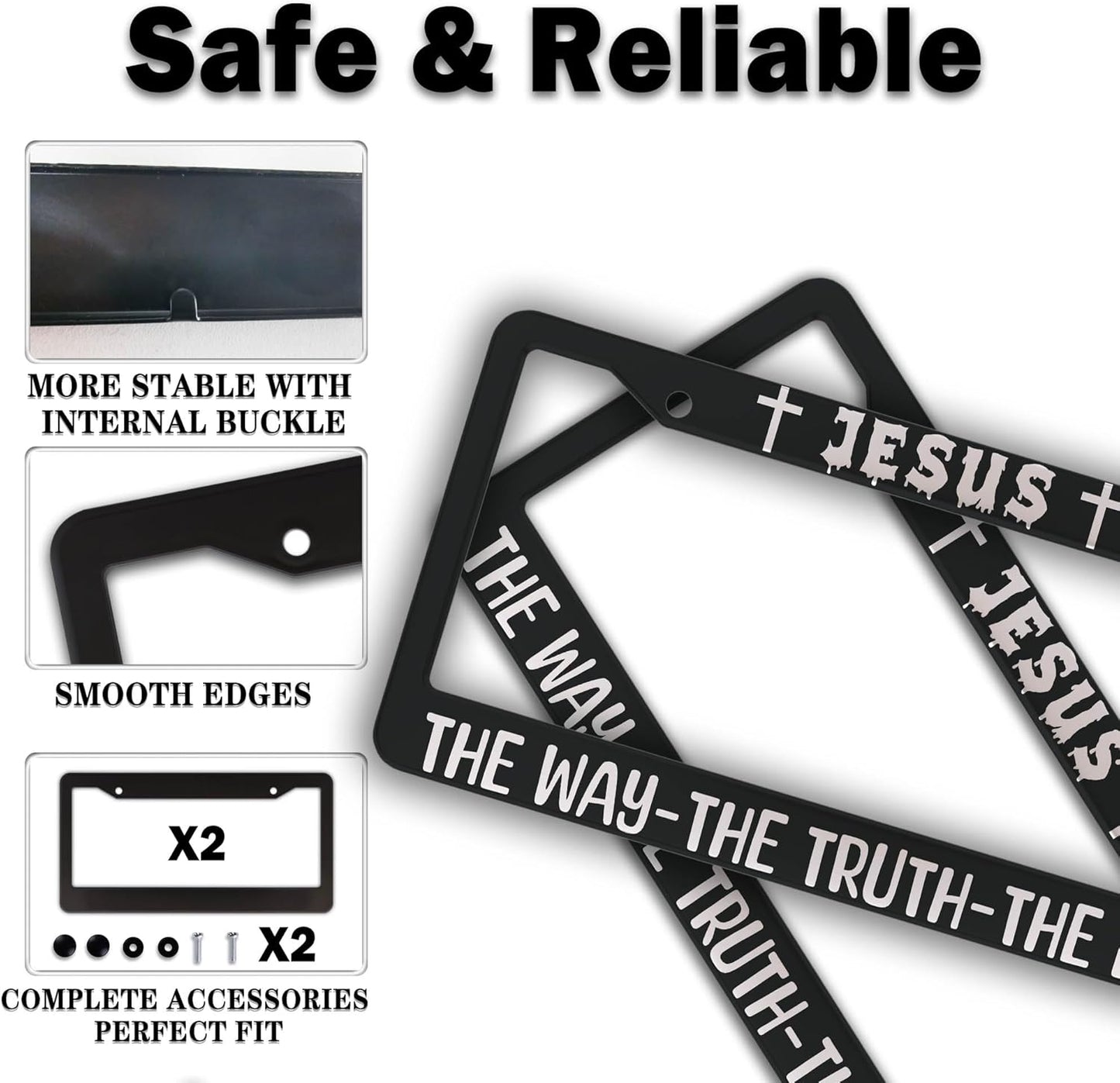 License Plate Frame Black and White Front License Plate Bracket Jesus The Way The Truth The Life Aluminum Metal Car Accessory 2 Pack with Screw Covers Set