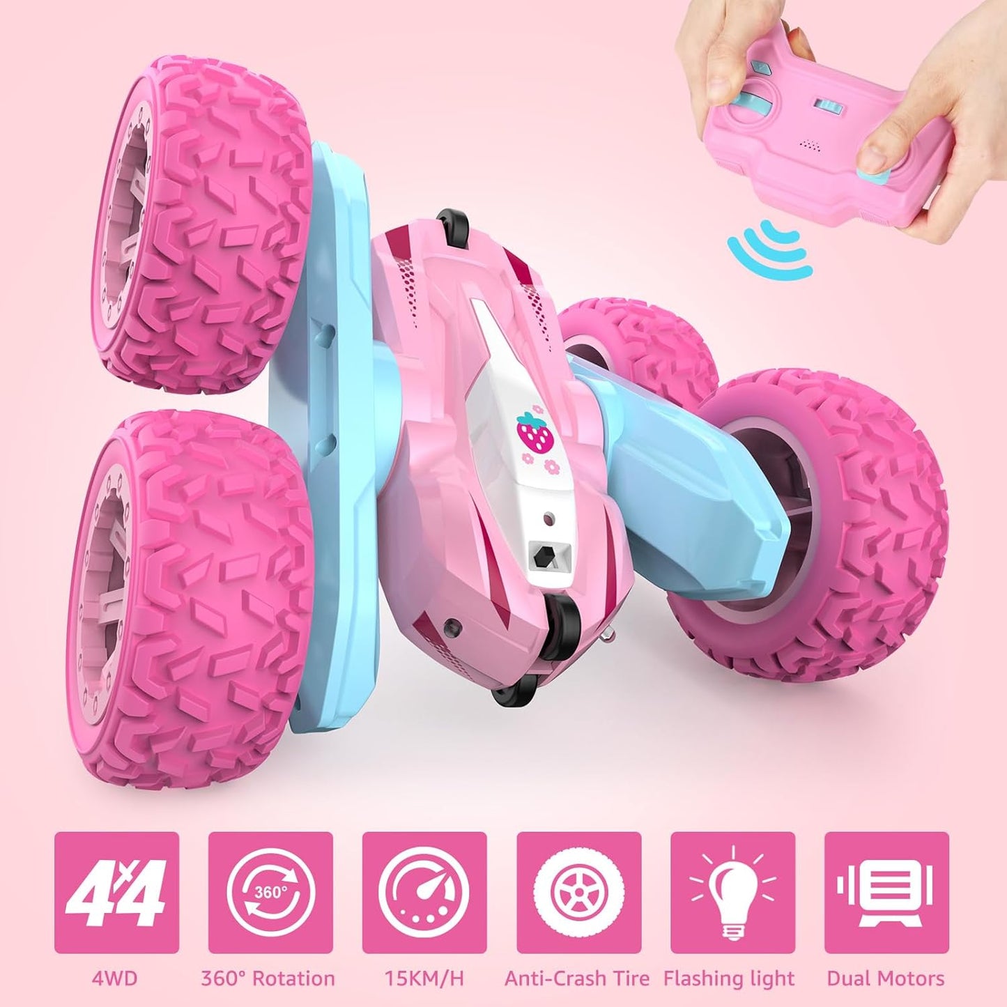 Remote Control Car, Pink RC Cars for Girls, Rechargeable RC Truck, 2.4Ghz Double Sided 360° Rotating Stunt Car Toy with Headlights, Birthday Gift for Kids Age 3+