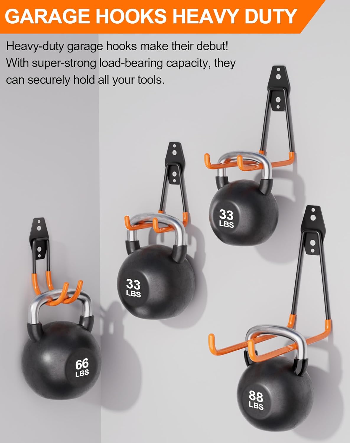 QcoQce 11 Pack Garage Hooks Heavy Duty with 2 Extension Cord Straps,Garage Storage Hooks, Wall Mount Hooks, Garage Organization and Tool Hangers for Bike, Ladder, Ropes and Garden Tools(Orange)