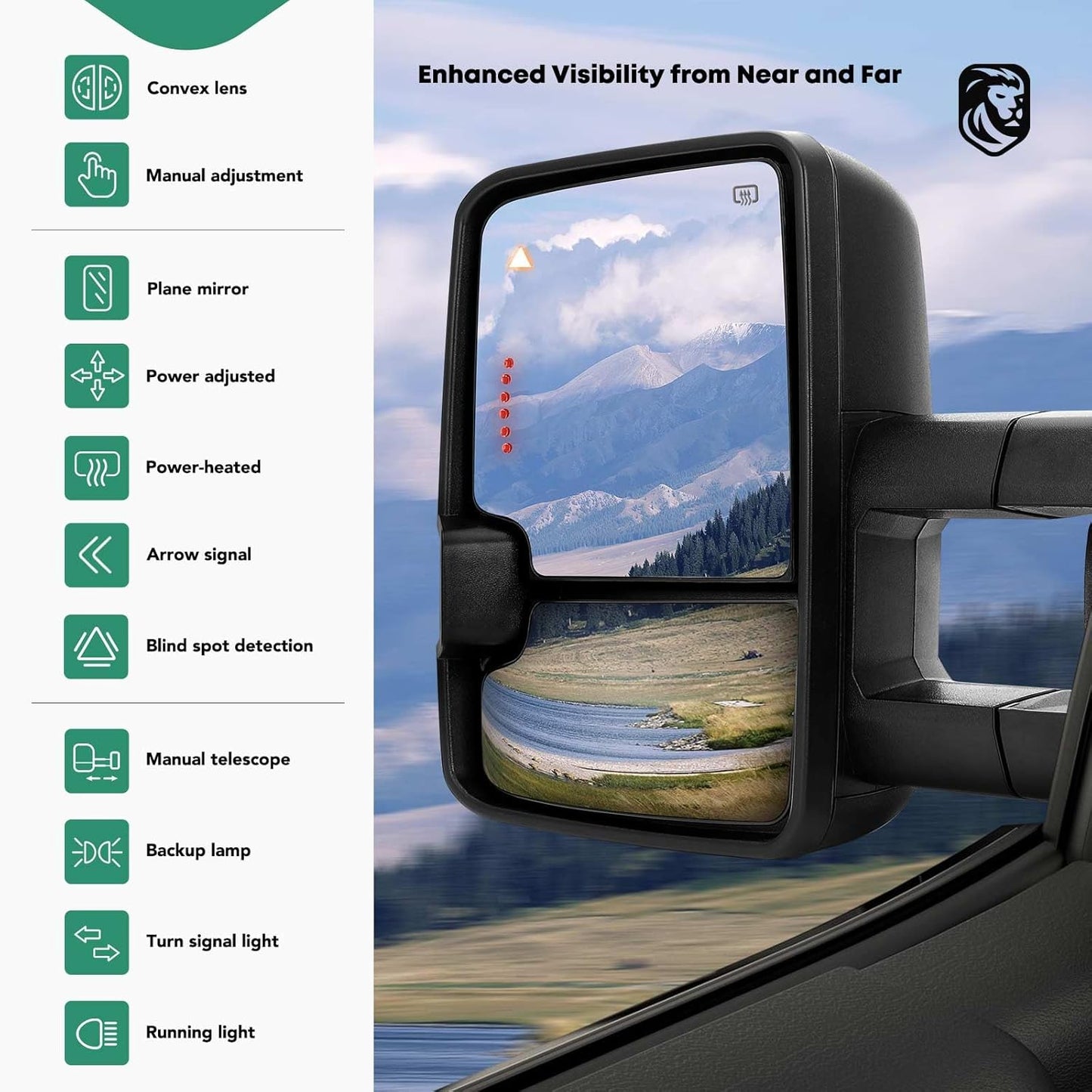 YHTAUTO Power Adjusted Heated Towing Mirrors Fit Toyota Tundra 07-21, Sequoia 08-17, Arrow & Turn Signal & Backup Running Light, w/Blind Spot Detection, Telescoping Driver Passenger Side Car Mirrors