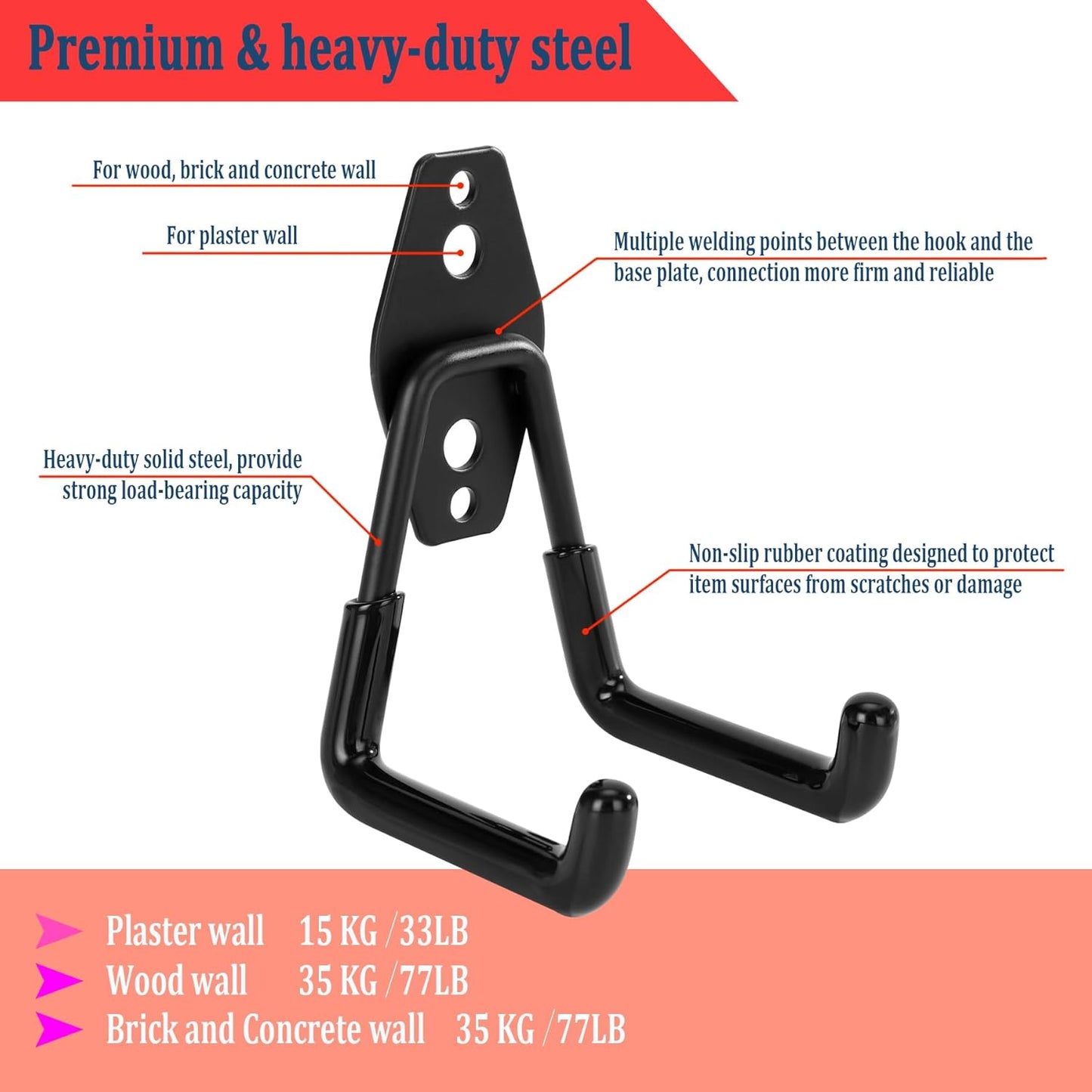 4 Pack Garage Hooks, Garage Tool Organizer Wall Mount, Heavy Duty for Utility Organizer, Steel Utility Garage Hooks for Ladders, Garden Tools, Bike