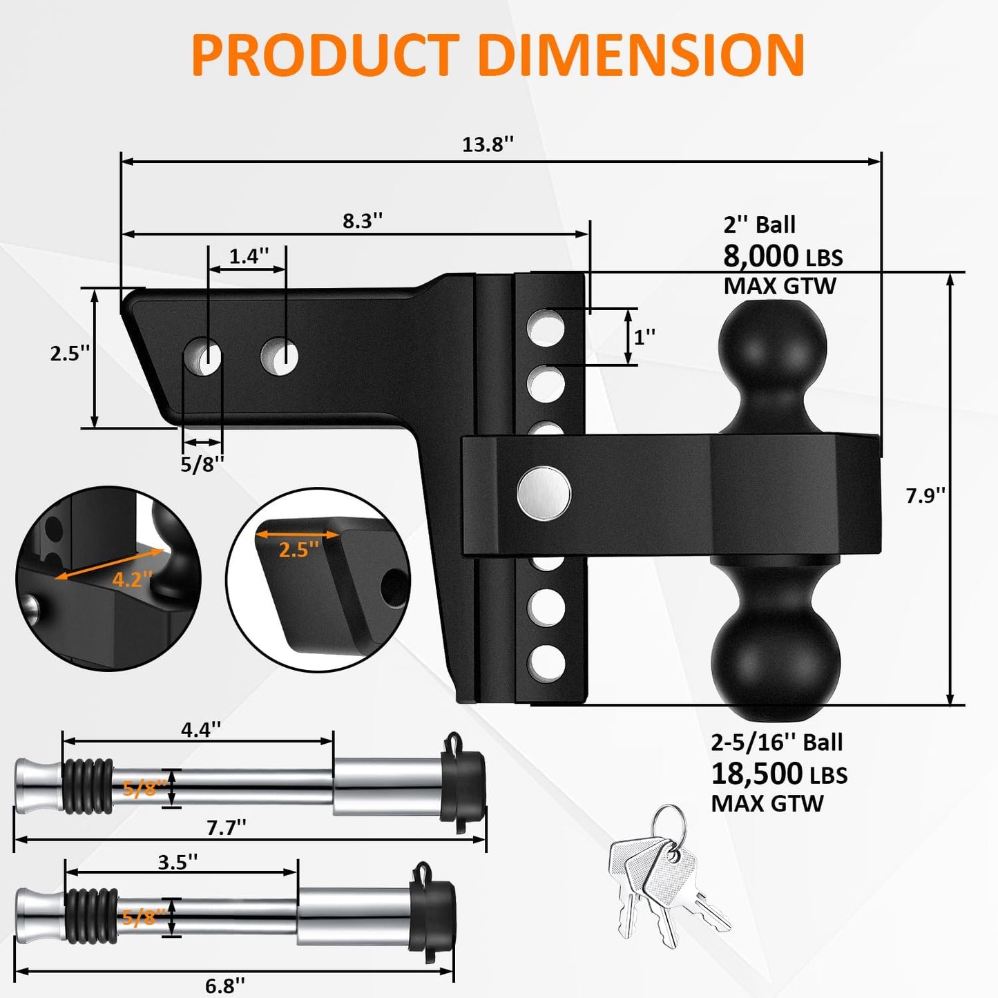 Adjustable Trailer Hitch-Drop Hitch Fits 2.5-Inch Receiver -6" Drop/Rise Tow Hitch with 2" and 2-5/16" Tow Balls-18,500GTW with Double Anti-Theft Pins Locks (Black+Black)