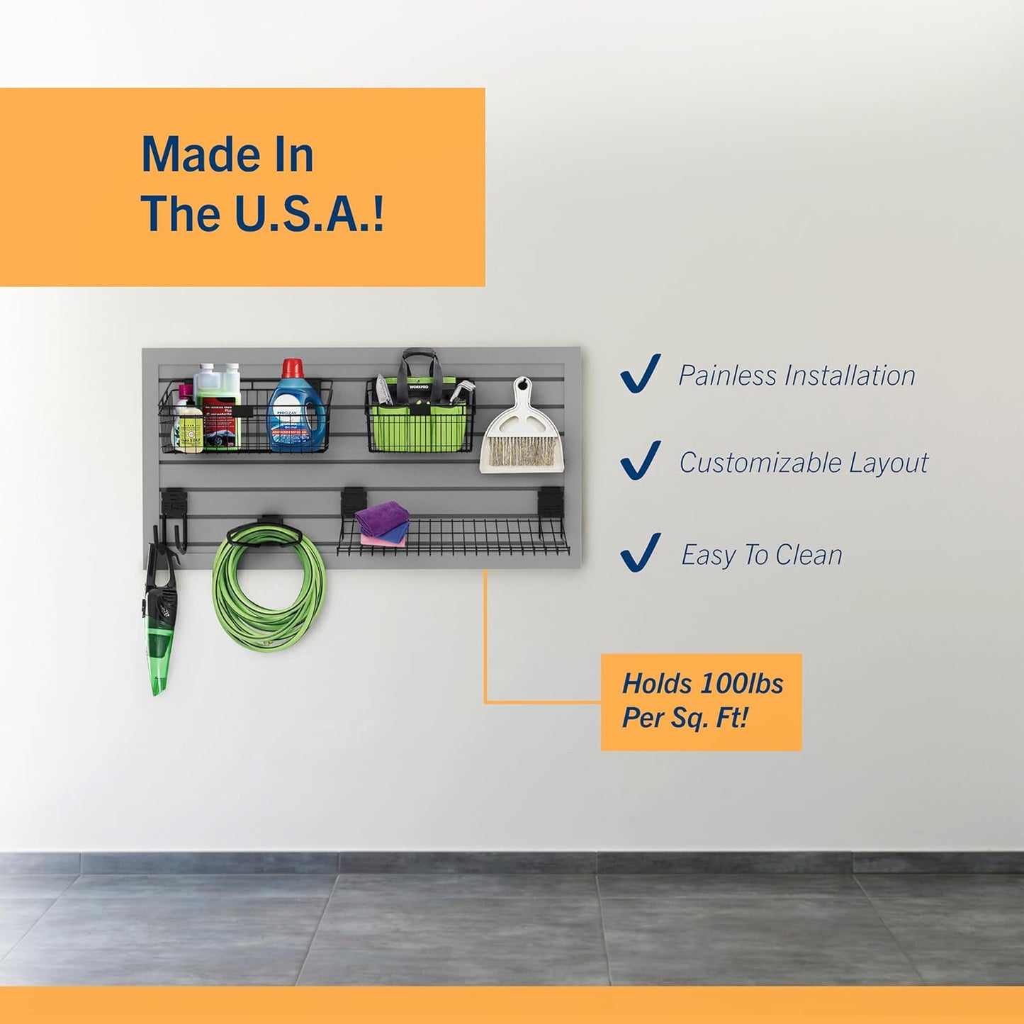 HANDIWALL (GRAY) PVC Slatwall Garage Wall Organizer, 4x2ft Heavy Duty Framed Slatwall Panel Storage Kit, Wall Mount Organizing Storage System For Slatwall Accessories