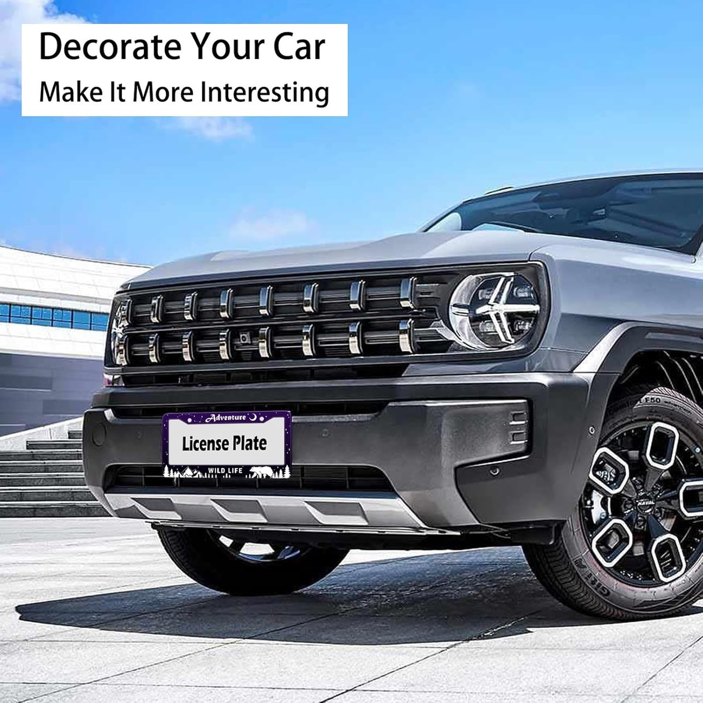 Adventure Awaist License Plate Frame, Mountains Forest Bear Tag Plate Frame Holder Cover, Metal Aluminum Rustproof Car Accessories with Screw Caps, Great Gift for Hiking Outdoor Sports Enthusiasts