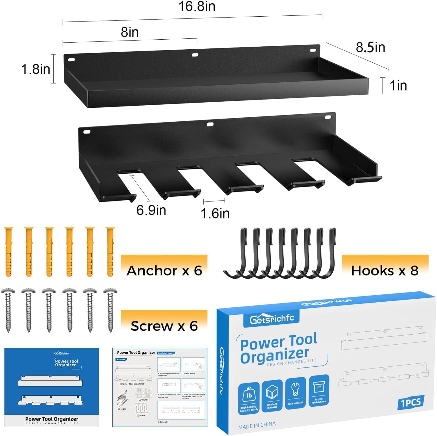 Power Tool Organizer Wall Mount with 4 Drill Holder, Formed Integrally Heavy Duty Garage Tool Organizers and Storage with Hooks for Battery, Tool Box, Screwdriver, Plier and Hammers Gifts for Men