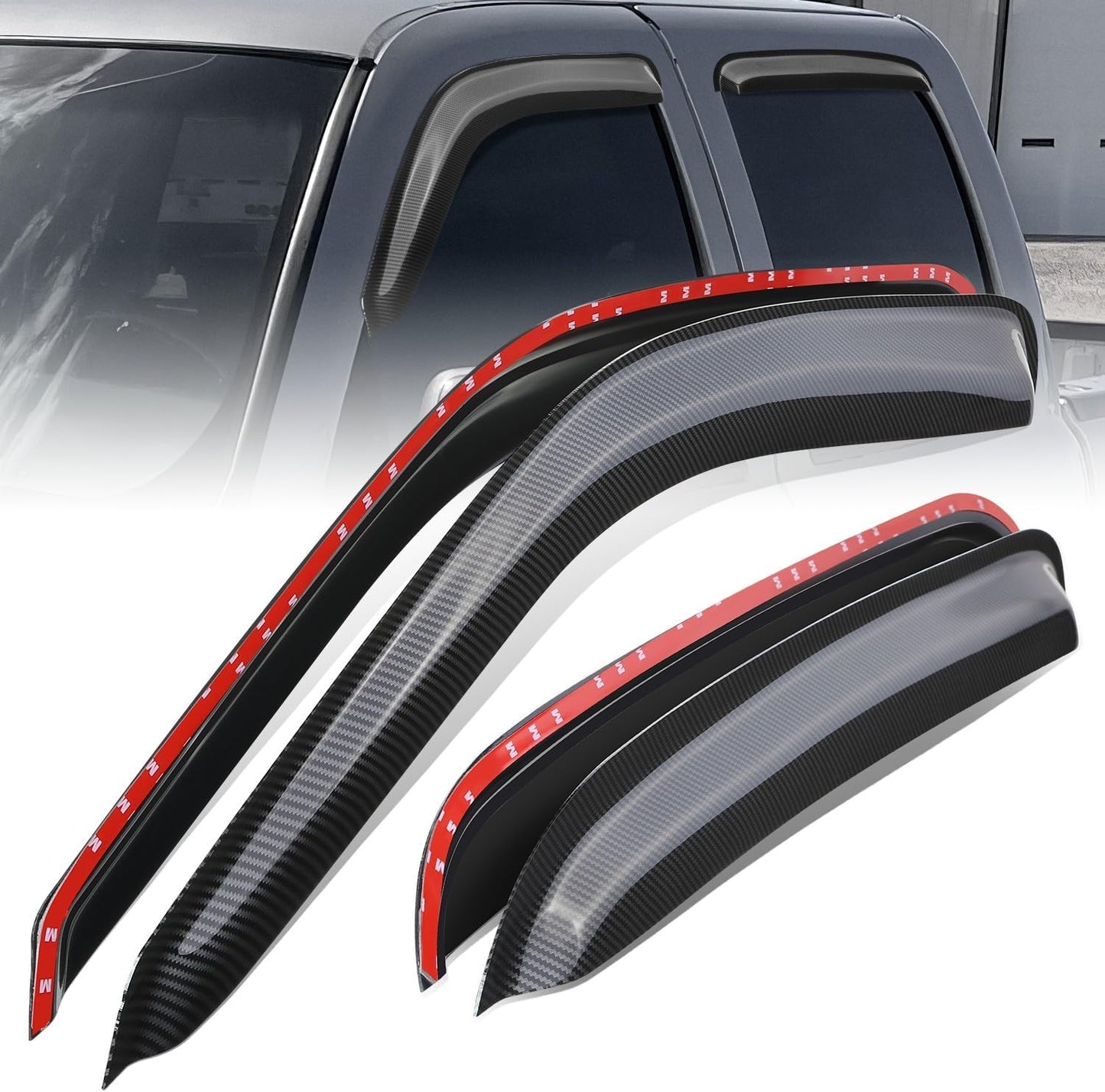 Auto Dynasty Set of 4 Carbon Fiber Pattern Window Visors Compatible with 2001-2007 Chevy Silverado Avalanche Suburban GMC Sierra Yukon Crew Cab, Tape-On Rain Guards Shield Vent Shade Deflector, Black