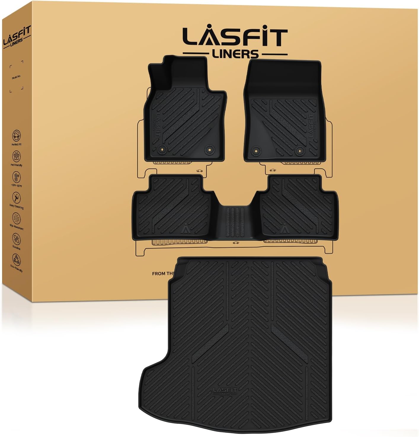 LASFIT Floor Mats & Cargo Liner Fit for Mazda 3 2025 2024 2023 2022 2021 2020 2019(Only Fits Sedan Models) All Weather TPE Floor Liners Front & Rear Row Full Set Accessories - Black