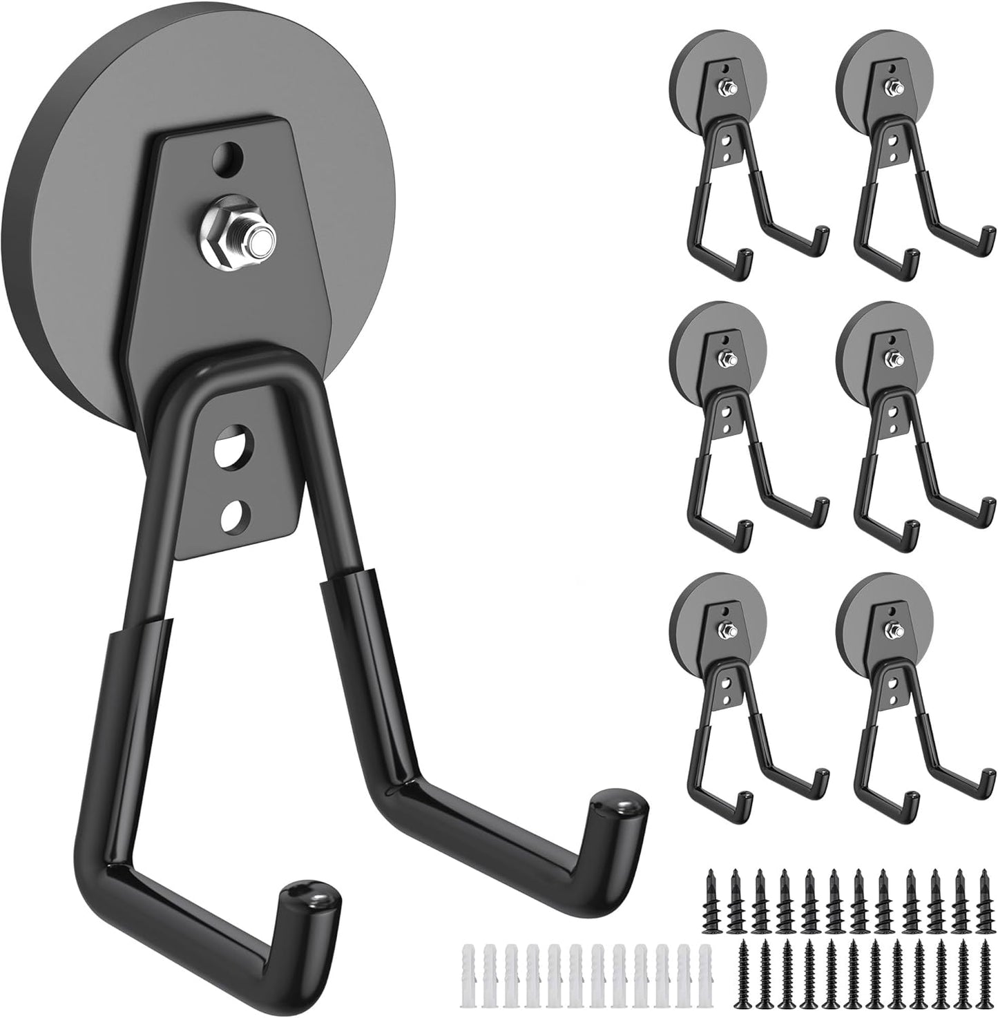 6 Pack Heavy Duty Storage Magnetic Utility Hooks Large Garage Strong Extra Magnet Hooks Hanger with Anti-Slip Coating Heavy Duty Magnetic Hooks for Hanging Power Dril Garage Garden Tools Black
