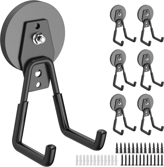 6 Pack Heavy Duty Storage Magnetic Utility Hooks Large Garage Strong Extra Magnet Hooks Hanger with Anti-Slip Coating Heavy Duty Magnetic Hooks for Hanging Power Dril Garage Garden Tools Black