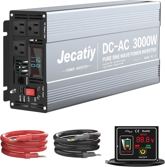 3000 Watt Pure Sine Wave Power Inverter DC 24V to 110V/120V AC Converter with 3 AC,18W USB, and 30W Type-C Charging Ports, Car Solar Power Inverters with LCD Display for Home RV Truck