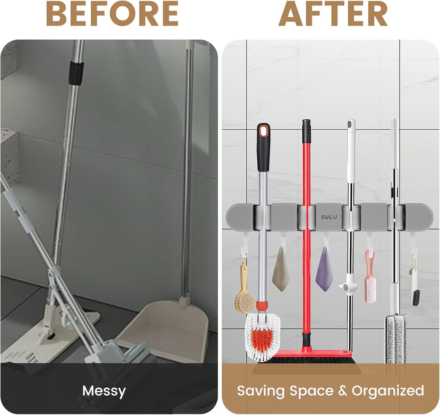 3PCS Broom Mop Holder with Hooks Wall Mounted Broom Storage Rack No Drilling Self-Adhesive Mop Broom Organizer Mop Holder Hanger for Bathroom Office Kitchen Closet Garage,Grey (3)