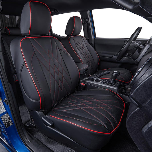 EKR Custom Fit Tacoma Car Seat Covers for Select Toyota Tacoma 2024 2025 Xtra Cab SR - Full Set,Leather(Black with Red Trim)