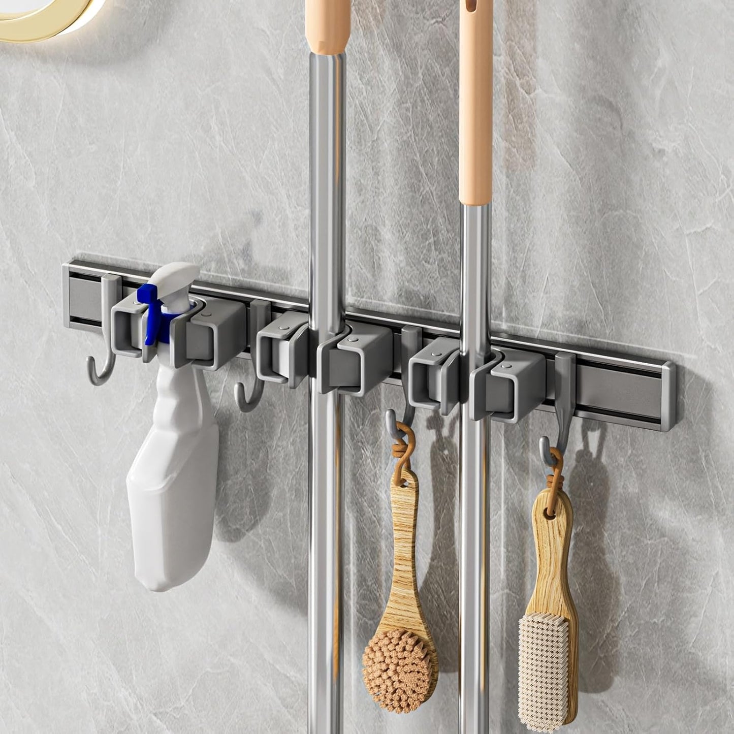 Broom Holder Wall Mount Movable Hooks and Clips Mop and Broom Hanger Wall Mounted Aluminum Garage Tool Organizer Storage adhesive (40cm, Grey)