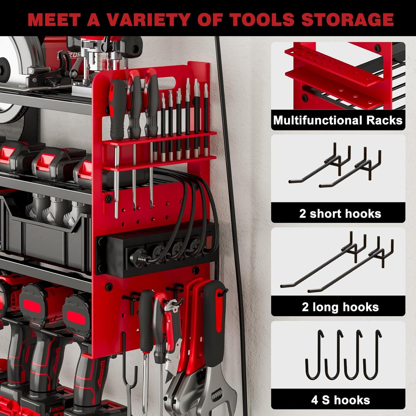 12 Cordless Drill Holder Large Power Tool Organizer Wall Mount with Side Pegboard & Screwdriver Holder, 4-Tier Heavy Duty Metal Tool Storage Rack with 4-Outlet Power Strip