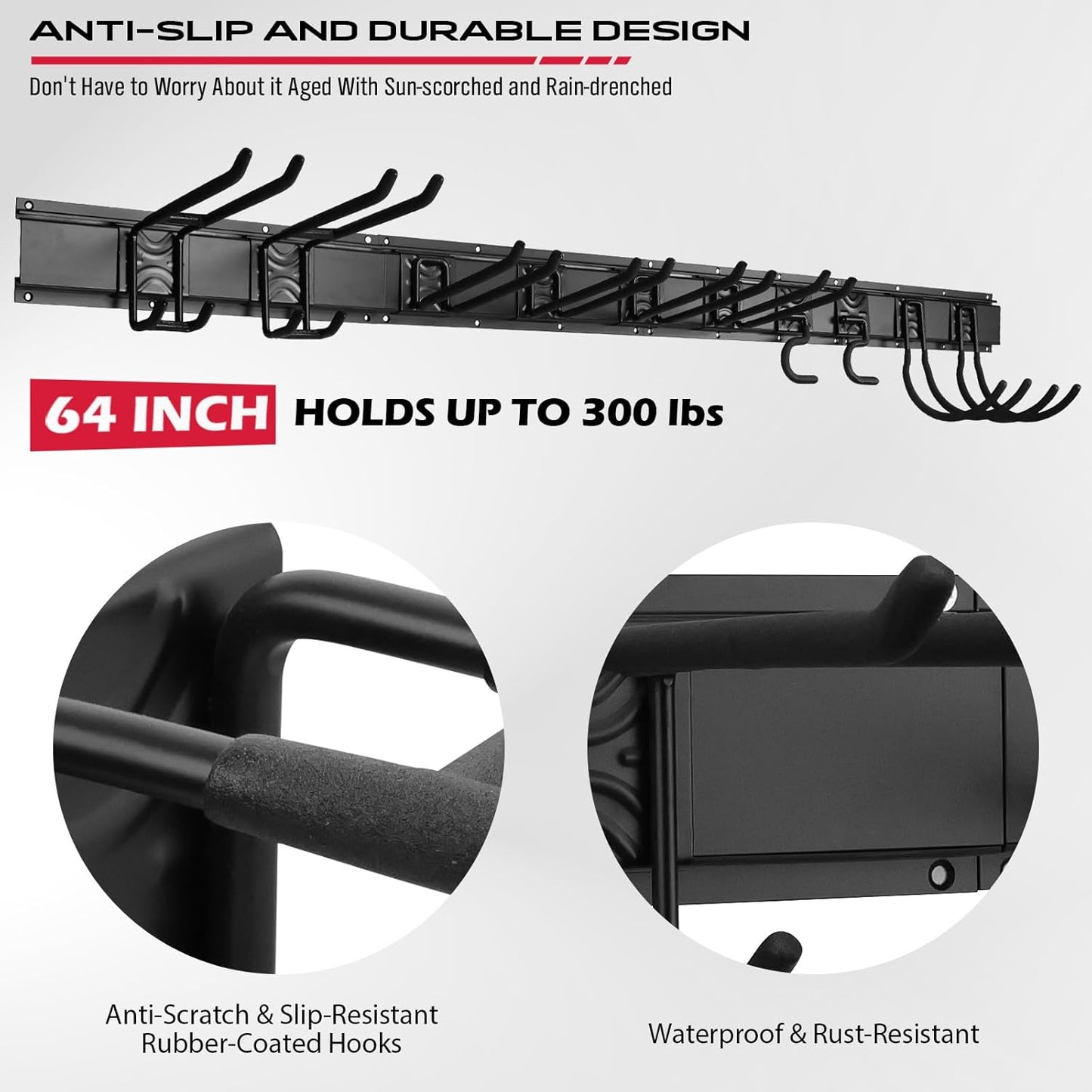 64" Heavy Duty Garage Storage Tool Organizer Wall Mount - Tool Rack with Adjustable Hooks, Anti-Rust, 300lbs Capacity - Easy Installation (4 Racks, 10 Hooks, 3 Straps)