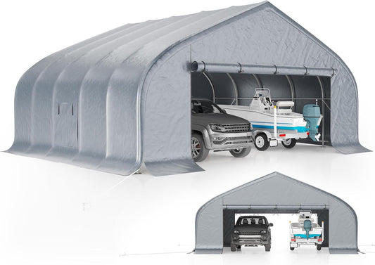 AMERLIFE 22.5 x 20FT Heavy Duty Double Carport, Galvanized Steel Frame Garage Shelter,Outdoor Storage, Waterproof 3-Layer PE Cover, Fits 2 Cars, Boat, Farm Equipment, Silver Grey