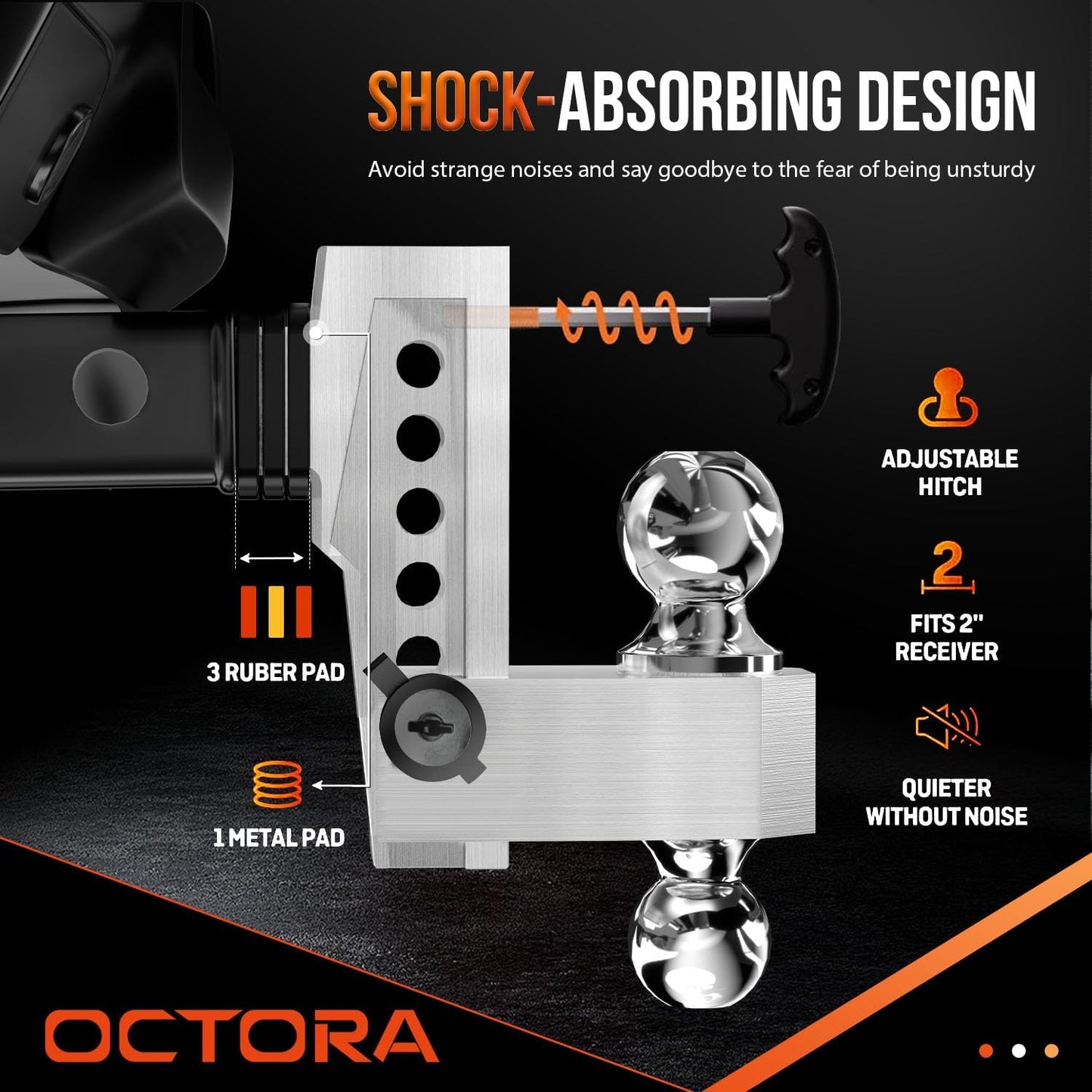 Adjustable Trailer Hitch (Fits 2-Inch Receiver) - Aluminum Tow Hitch with 6-Inch Drop/Rise for Truck (12,500 LBS GTW) - Double Anti-Theft Locking Hitch Pins (Silver, 2.0inch-6Drop-Tri Ball)