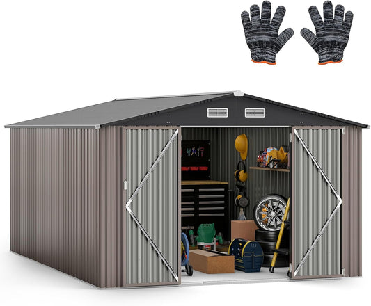 Goplus 10 x 14 FT Outdoor Storage Shed, Large Garden Tool House w/Improved Windproof Metal Structure, 4 Vents, Lockable Door, Waterproof Utility Tool Organizer for Backyard, Lawn, Patio