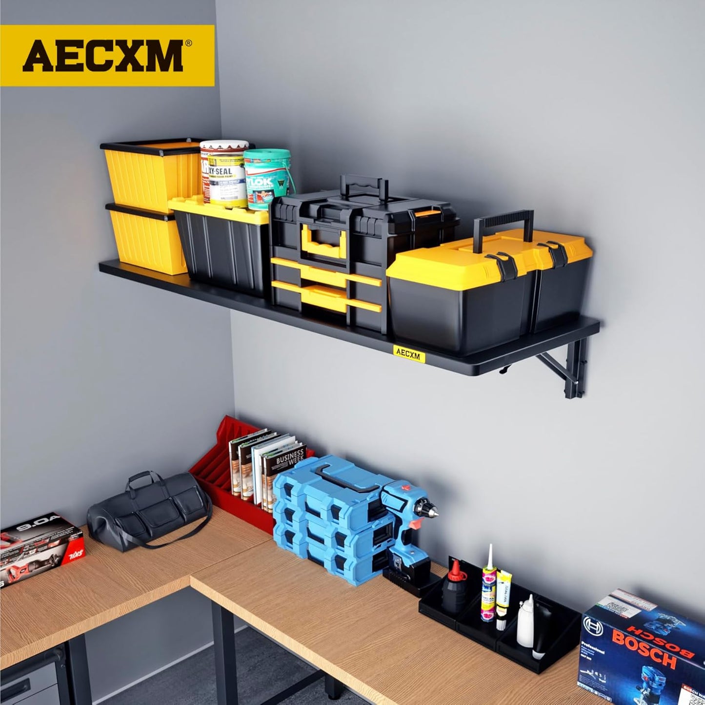 1.3x4ft Adjustable Rail Type Folding Storage Rack Shelf, Suitable for Garage, Storage Room, Kitchens Wall Shelf,Garage Storage Rack Floating Shelves, Wall Mounted Folding Table(1pcs-Black)