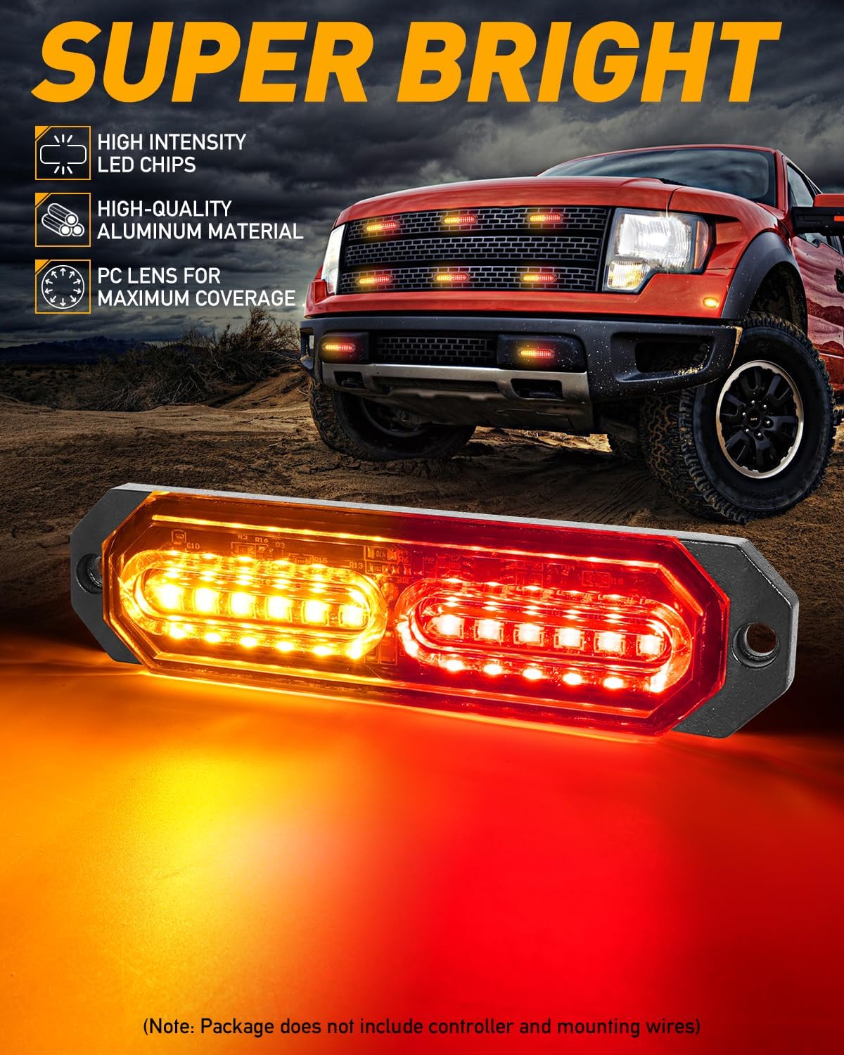 HLauto 1200T Emergency Strobe Grille Lights: 8pcs 12 LED Sync Feature Safety Warning Flashing Lights, Ultra Slim Surface Mount Hazard Caution Lights for Trucks, Vehicles, Car, ATV, UTV (Amber Red)