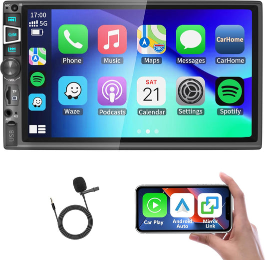 Double Din Car Stereo Compatible with Wireless Carplay&Android Auto&Mirror Link,7 Inch HD 1024 * 600 Touchscreen with Bluetooth 5.2,Backup Camera Input,Voice Control,USB/AUX/TF/SWC/MIC,AM/FM Radio