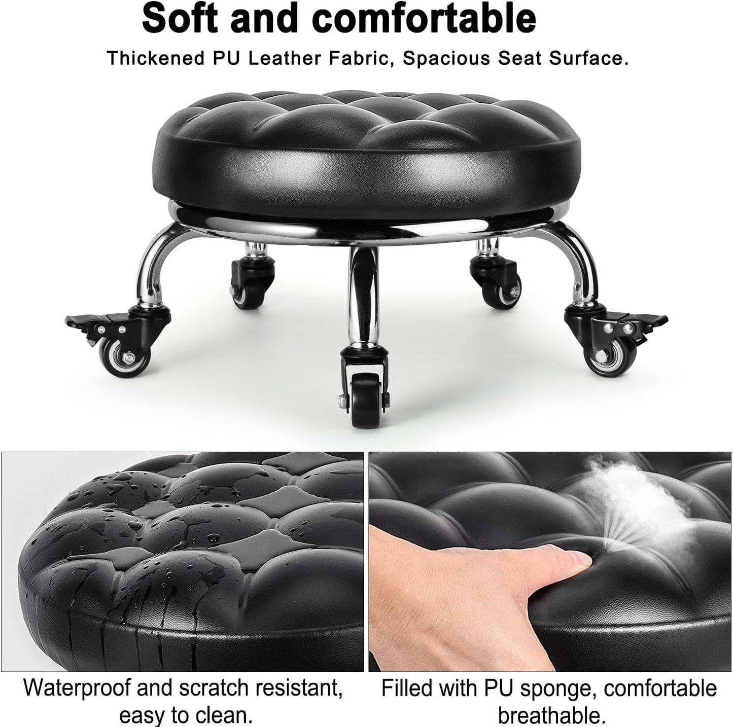 Low Rolling Stool, Low Stool with Wheels, PU Leather Low Roller Seat Stool Chair, Rolling Seat Stool for Home Office Garage Shop (Style 1)