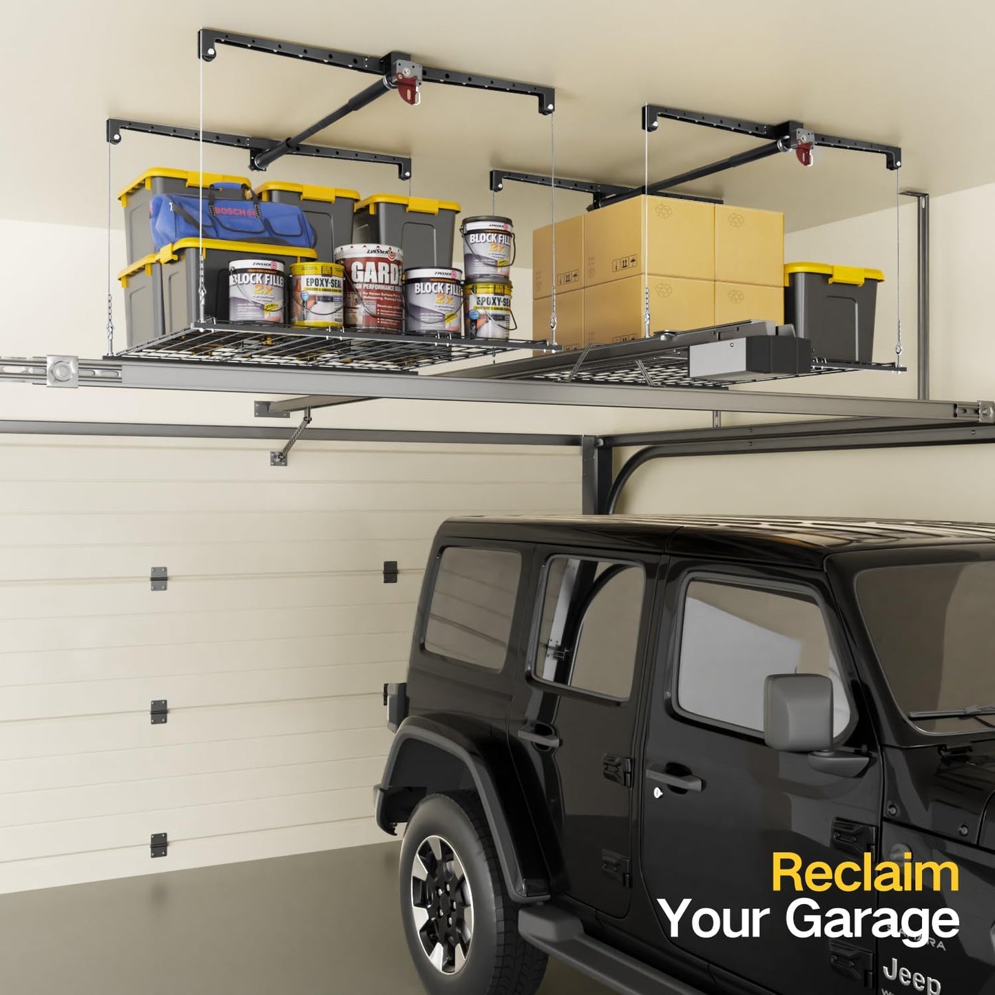Overhead Garage Storage Rack, 4x4 Ft Adjustable Garage Ceiling Storage Lift, Heavy-Duty Ceiling Mounted Storage Lift System for Garage Organization, 250lbs Weight Capacity