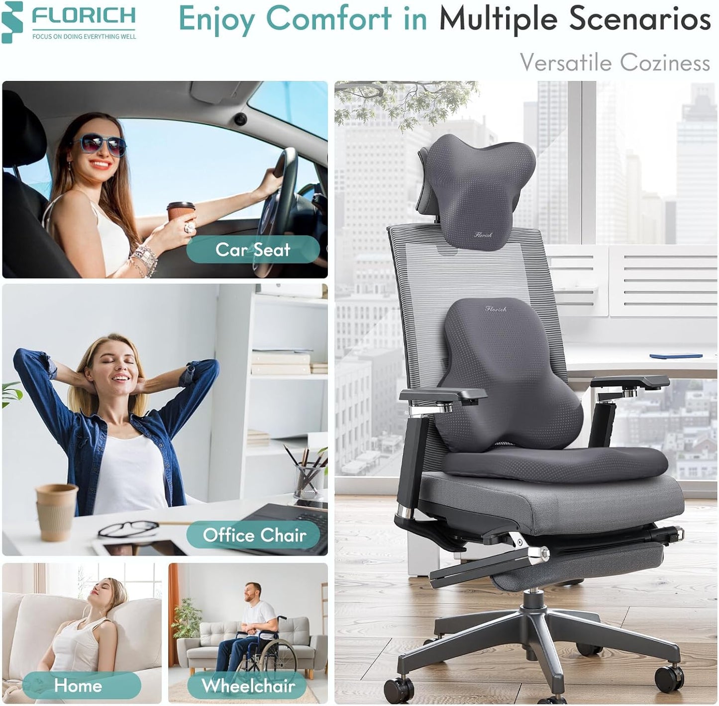FLORICH Car Seat Cushion and Lumbar Support Pillow for Office Chair Car, Neck Headrest Pillow, Ergonomic Memory Foam, Pressure-Relieving Back Support for Car, Office Chair & Wheelchair – Gray