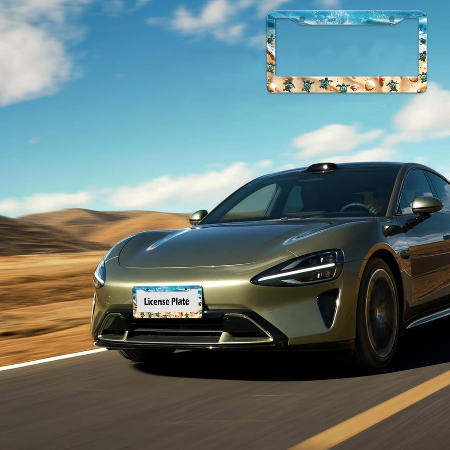 Cute Beach Turtles License Plate Frame, Sea Turtles Sea Shell Starfish Front License Plate Holder Cover, Metal Aluminum Rustproof Car Accessories for Women Men 2 Holes with Screw Caps