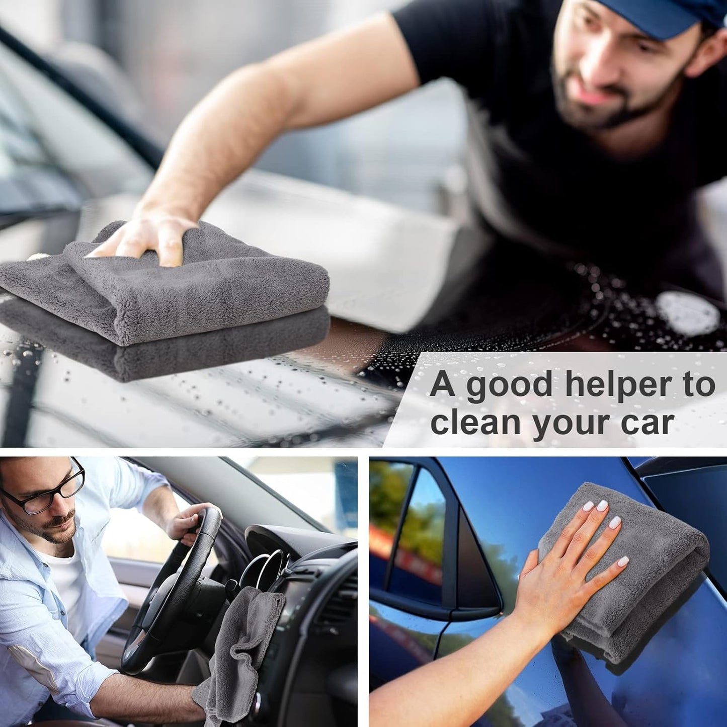 Shimeyao 30 Pcs Edgeless Microfiber Plush Towels for Cars Detailing Drying Wash Polishing Absorbent Cleaning Cloths, 500 GSM, 16 x 16 Inch(Gray)