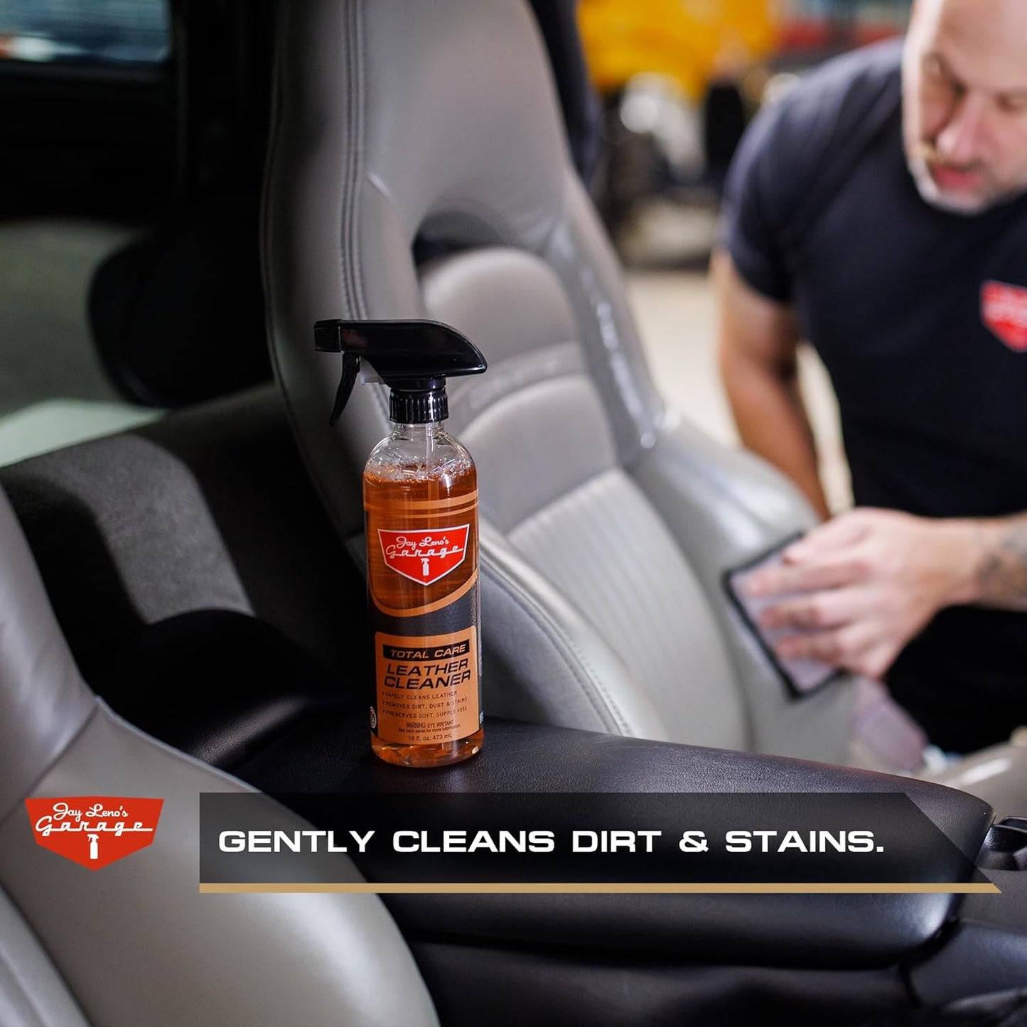 Jay Leno's Garage Leather Cleaner – Deep-Cleaning Leather Seat Cleaner for Car Interior, pH-Balanced Car Refresher That Gently Cleans, Lifts Grime, Refurbish and Restores All Leather Surfaces (16 oz)