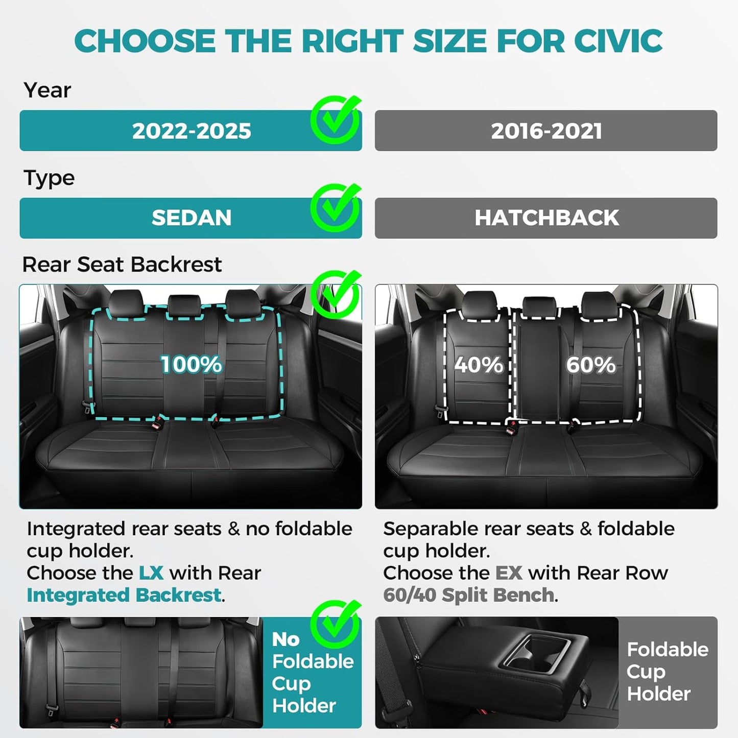 Seat Covers for Honda Civic Sedan 4DR Sedan LX 2022 2023 2024 2025.Faux Leather Car Seats Cover Full Set,(Rear Row Solid Folding Backrest)-RED