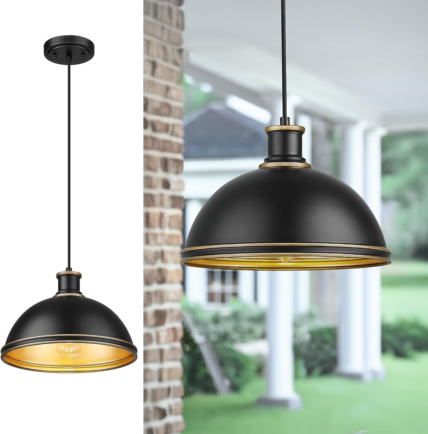 kudos Outdoor Pendant Light, 12" Large 1-Light Hanging Porch Lights, Black Outside Chandelier for Porch Gazebo Patio Entryway, KDOPL03-BK-S