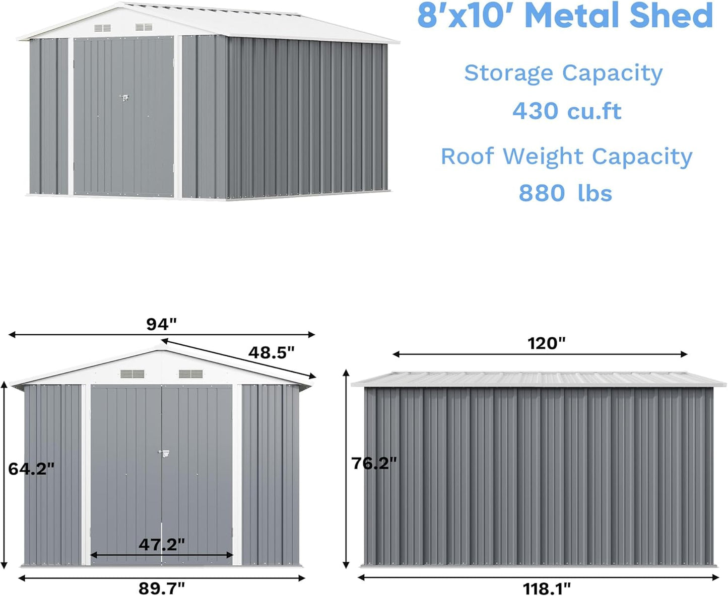 Greesum 8×10FT Outdoor Storage Shed, Metal Patio Storaged Sheds with Lockable Doors, Sheds & Outdoor Storage for Bike, Backyard, Pool and Garden, Gray