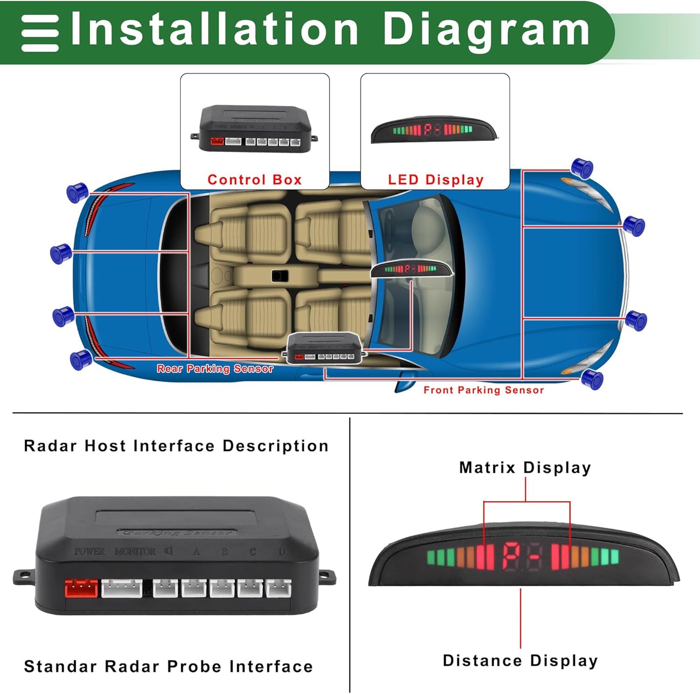 Motoforti Universal Car Auto Vehicle Reverse Backup Radar System Reverse Parking Sensors Alarm Buzzer Reminder Distance Detection Dark Blue 8 Parking Sensors